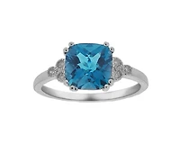 10K White Gold 8mm Cushion Cut London Blue Topaz and 0.06cttw Diamond Ring - Size 7