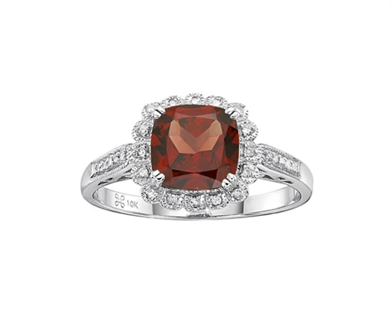 10K White Gold Cushion Cut Garnet and 0.07cttw Diamond Scallop Halo Ring - Size 7
