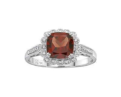 10K White Gold Cushion Cut Garnet and 0.07cttw Diamond Scallop Halo Ring - Size 7