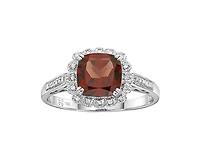 10K White Gold Cushion Cut Garnet and 0.07cttw Diamond Scallop Halo Ring - Size 7