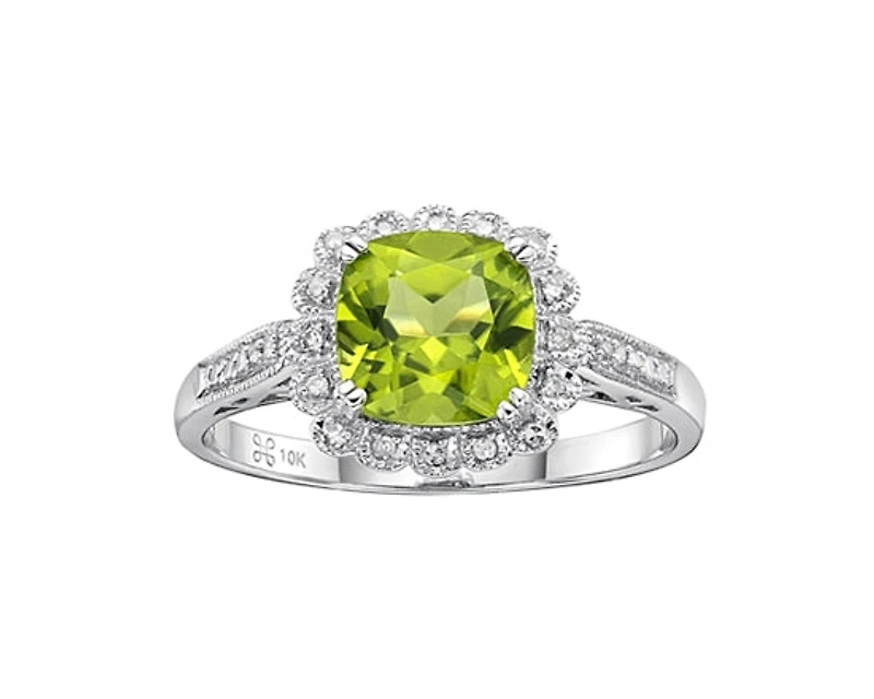 10K White Gold 7mm Cushion Cut Peridot and 0.07cttw Diamond Scallop Halo Ring - Size 7