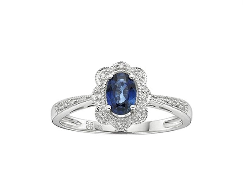 10K White Gold 6x4mm Oval Cut Sapphire and 0.055cttw Diamond Scallop Halo Ring - Size 7