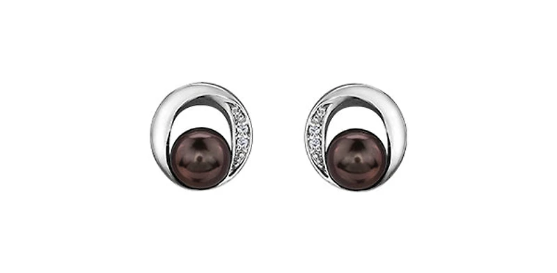 10K White Gold Black Pearl & Diamond Earring