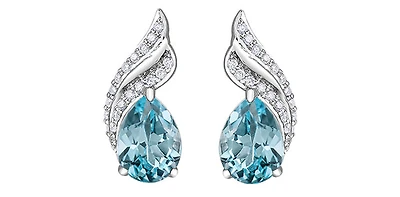 10K White Gold  Blue Topaz &  Diamond Stud Earrings