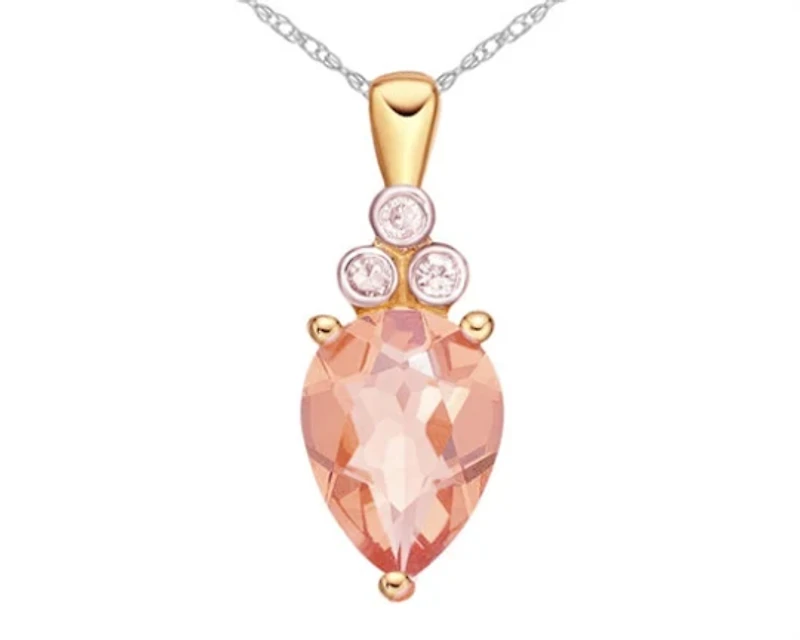 10K Rose Gold 8x6mm Pear Cut Morganite and Diamond Pendant, 18"
