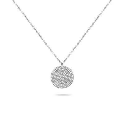 14K White Gold Diamond Pave Circle Necklace, 18"