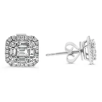 14K White Gold 0.57cttw Diamond Halo Illusion Set Baguette Cut and Round Brilliant Cut Stud Earring