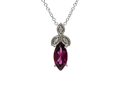 10K White Gold 8mm x 4mm Rhodalite Garnet and 0.02cttw Diamond Pendant with Rolo Chain - 18 Inches