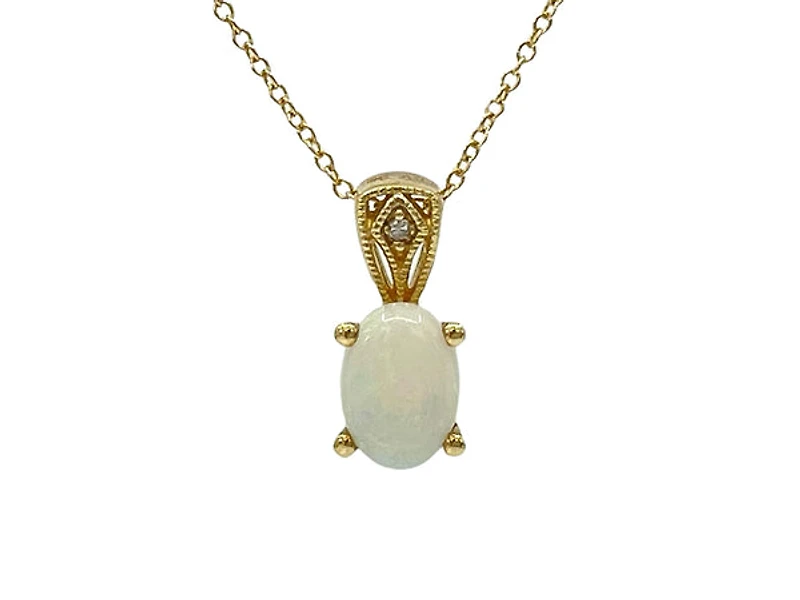 10K Yellow Gold Opal and Diamond Pendant, 18"