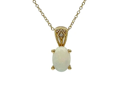 10K Yellow Gold Opal and Diamond Pendant, 18"