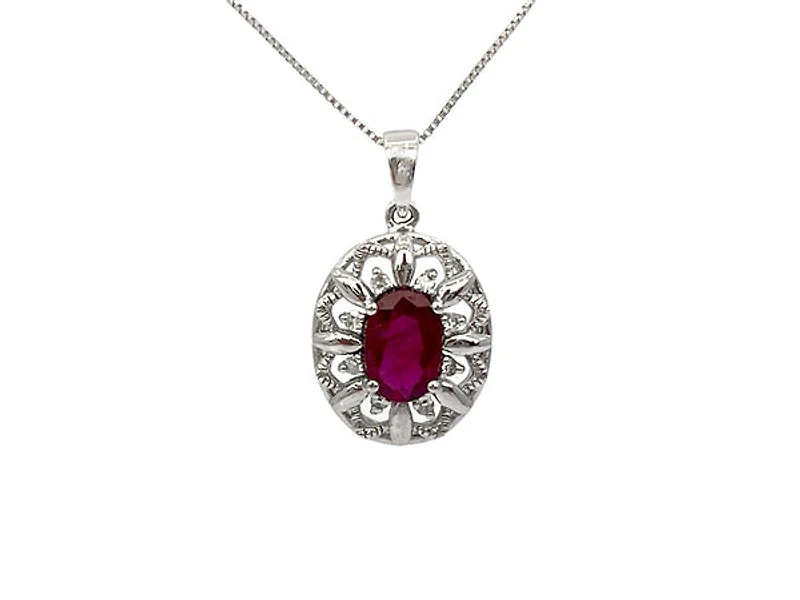 10K White Gold Ruby and Diamond Pendant, 18"