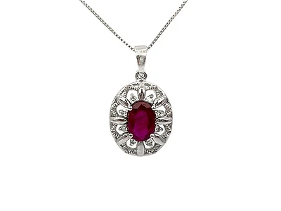10K White Gold Ruby and Diamond Pendant, 18"