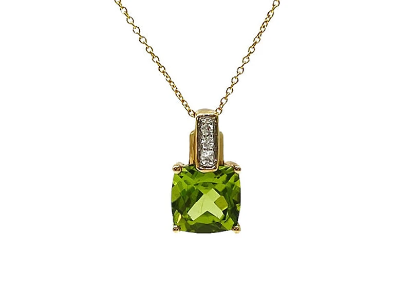 10K Yellow Gold 7mm Cushion Cut Peridot and 0.026cttw Diamond Pendant, 18"