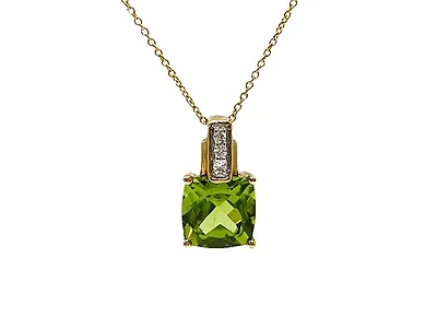 10K Yellow Gold 7mm Cushion Cut Peridot and 0.026cttw Diamond Pendant, 18"