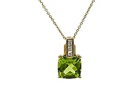 10K Yellow Gold 7mm Cushion Cut Peridot and 0.026cttw Diamond Pendant, 18"