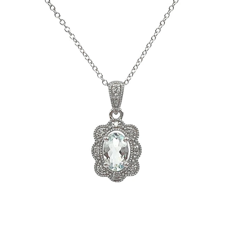 10K White Gold 0.35cttw Aquamarine and 0.039cttw Diamond Pendant - 18"