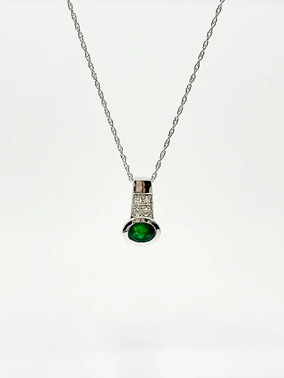 10K White Gold Genuine Emerald and Diamond Pendant, 18"