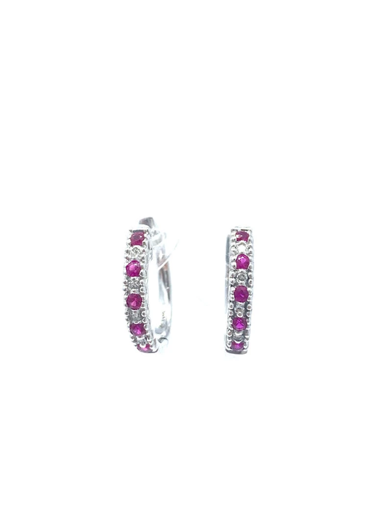 10K White Gold 0.20cttw Genuine Ruby and 0.04cttw Diamond Hoop Huggie Hinged Earrings