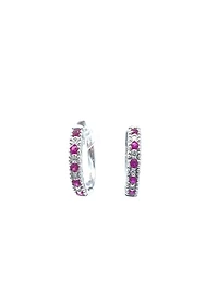 10K White Gold 0.20cttw Genuine Ruby and 0.04cttw Diamond Hoop Huggie Hinged Earrings