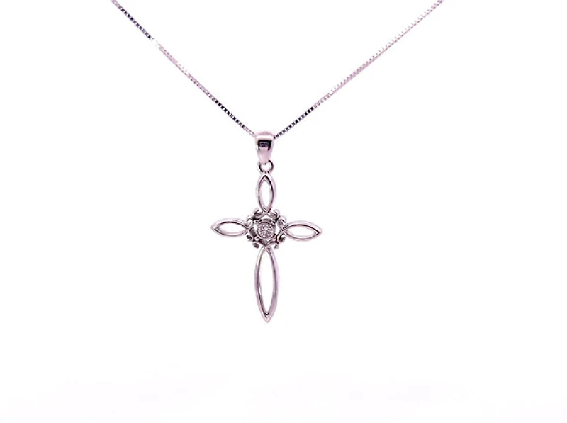 10K White Gold 0.05cttw Diamond Cross Necklace, 18"