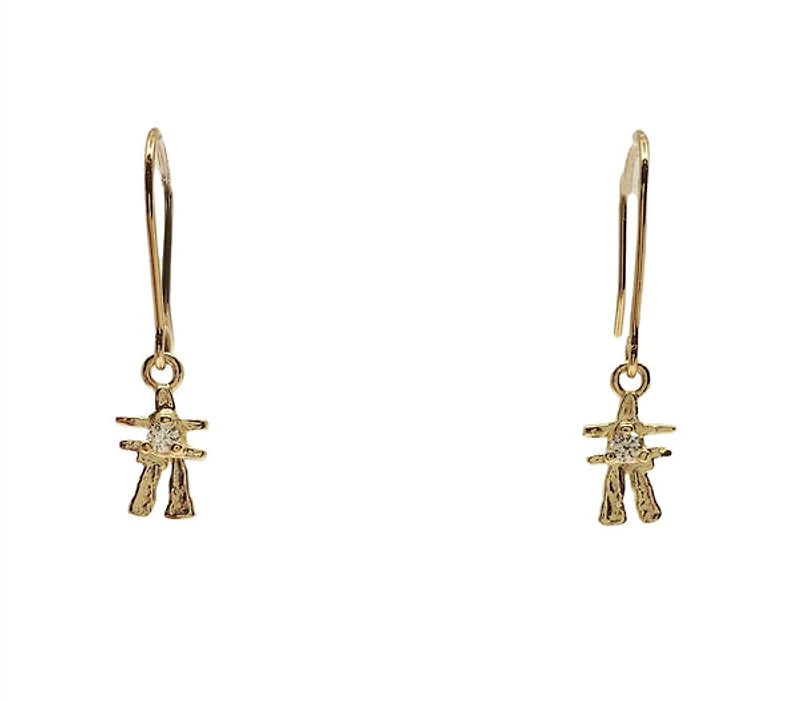 14K Yellow Gold 0.006cttw Inukshuk Dangle Earrings - 6mm x 25mm