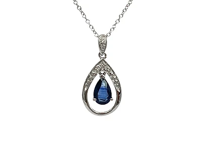 10K White Gold Sapphire and Diamond Pendant, 18"