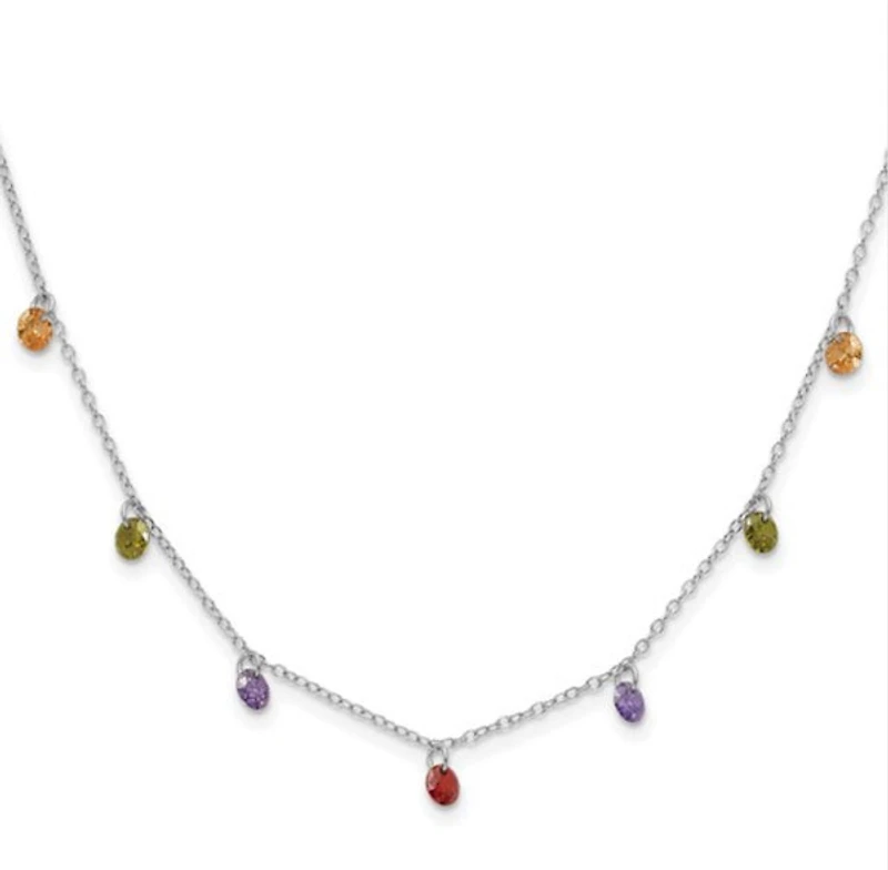Sterling Silver Rhodium Plated 16 inch Dangling Colorful CZ Necklace with 2 inch Extender