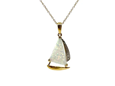 10K Yellow Gold Sail Boat Shaped Created Opal and 0.015cttw Diamond Necklace - 18 Inches