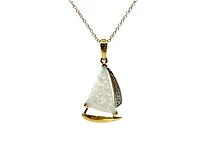 10K Yellow Gold Sail Boat Shaped Created Opal and 0.015cttw Diamond Necklace - 18 Inches