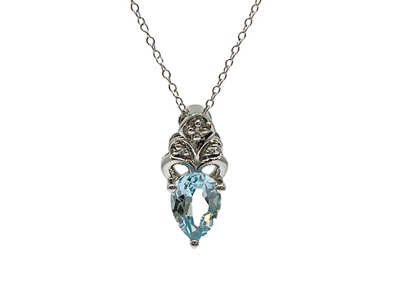 10K White Gold 7mm x 5mm Swiss Blue Topaz and 0.018cttw Diamond Necklace - 18 Inches