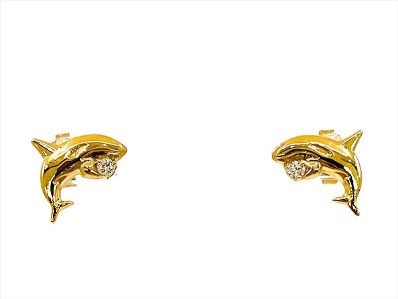 14K Yellow Gold 0.06cttw Diamond Orca Earrings with Butterfly Backs - 12mm x 10mm