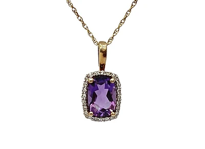 10K Yellow Gold Amethyst and Diamond Pendant, 18"