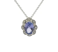 10K White Gold Tanzanite and Diamond Antique Halo Necklace, 18"