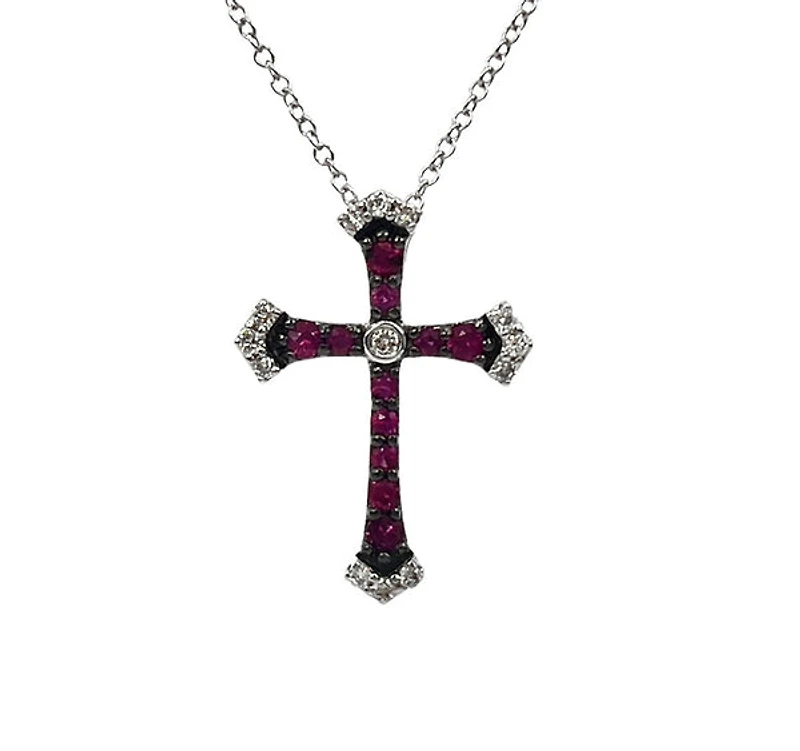 10K White Gold 0.18cttw Ruby and 0.07cttw Diamond Cross Pendant - 18 inches