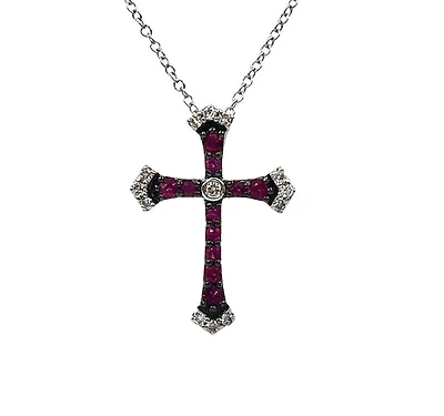 10K White Gold 0.18cttw Ruby and 0.07cttw Diamond Cross Pendant - 18 inches