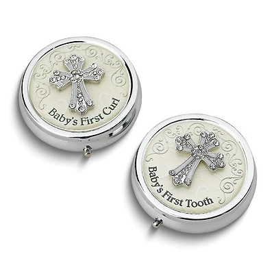 Silver-tone Metal and Enamel Cross First Tooth and Curl Set