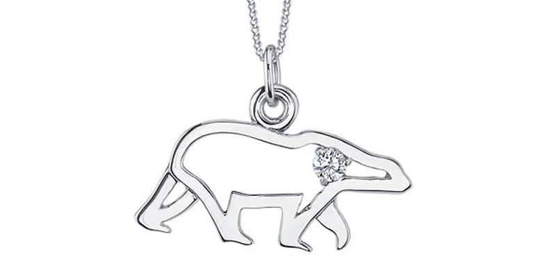 10K White Gold 0.067cttw Canadian Diamond Polar Bear Pendant, 18"