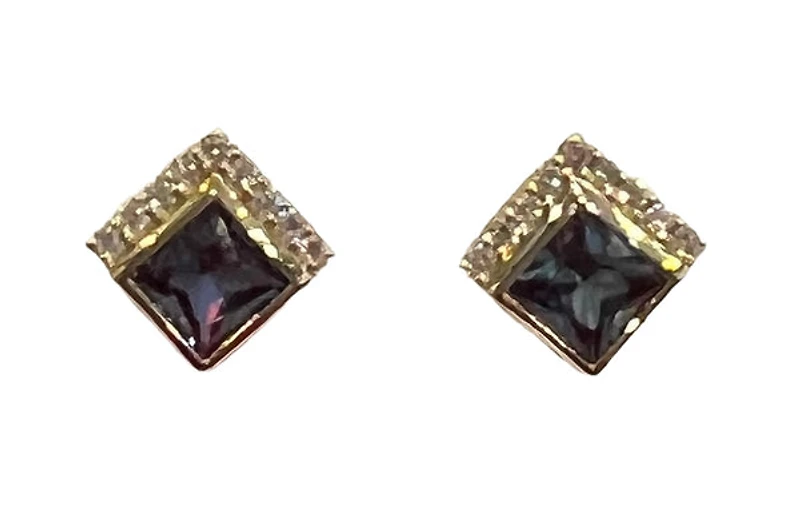 10K Yellow Gold Created Alexandrite and Diamond Earrings