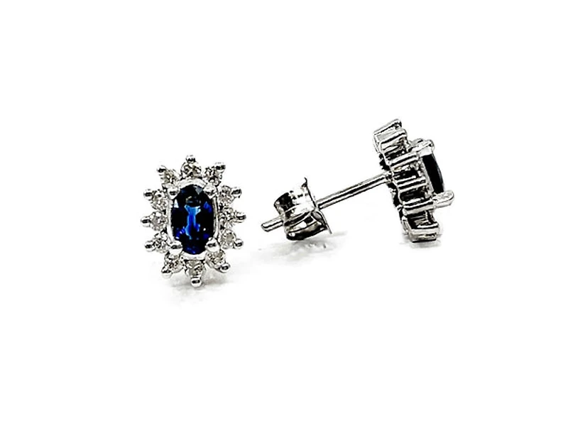 14K White Gold 0.55cttw Genuine Sapphire & 0.32cttw Diamond Halo Earrings