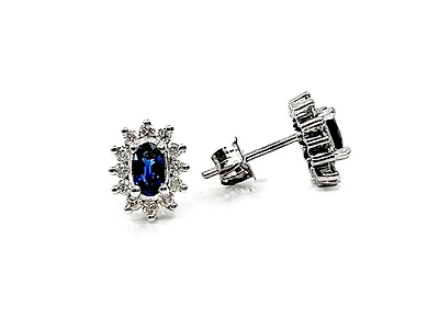 14K White Gold 0.55cttw Genuine Sapphire & 0.32cttw Diamond Halo Earrings