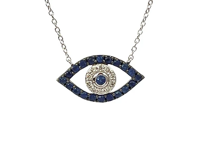 10K White Gold Sapphire & Diamond Evil Eye Pendant, 18"