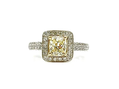 14K White Gold 1.60cttw Fancy Yellow and White Diamond Halo Engagement Ring, size 6
