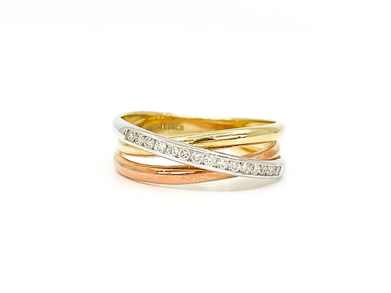 10K Tri - Tone White, Yellow & Rose Gold 0.15cttw Diamond Ring, size 6.5