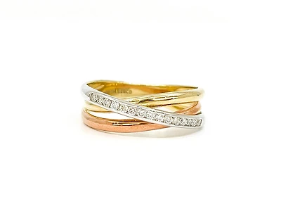 10K Tri - Tone White, Yellow & Rose Gold 0.15cttw Diamond Ring, size 6.5