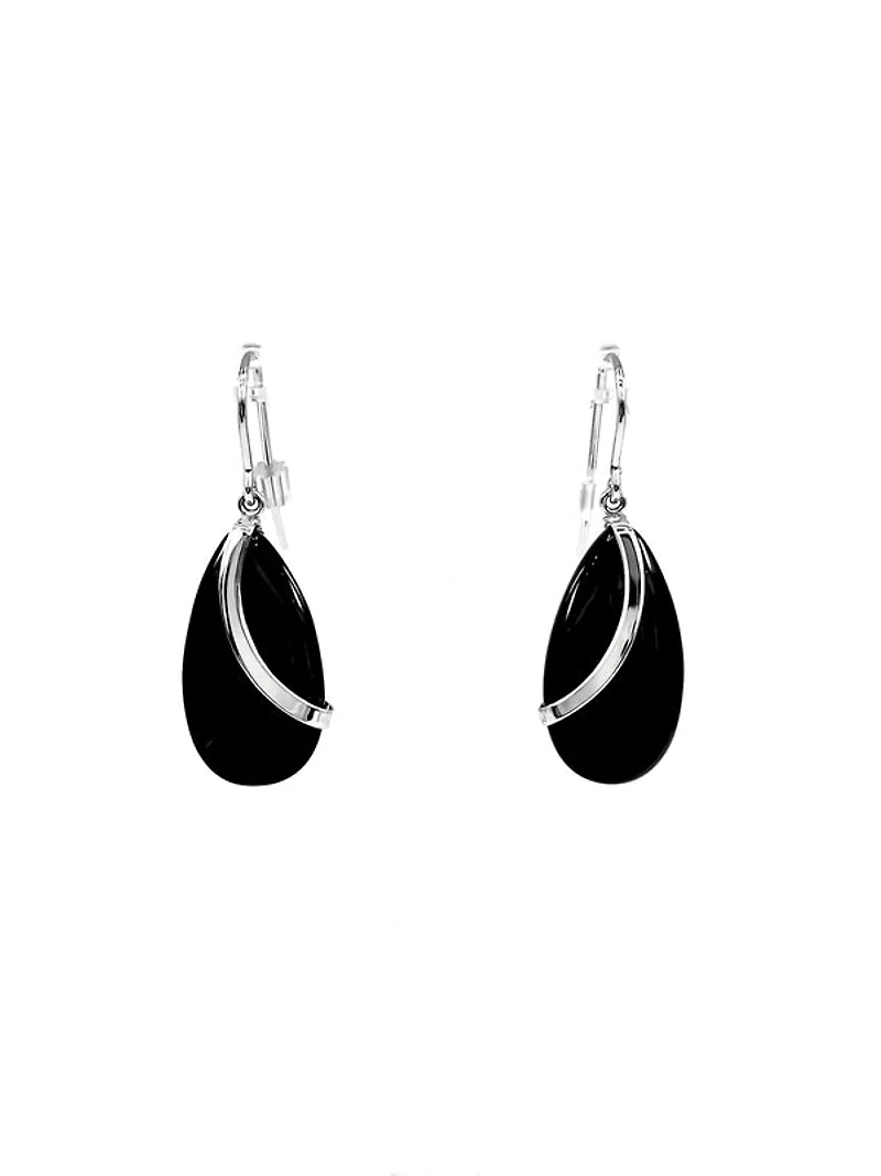 Sterling Silver Fish Hook Drop Shape Onyx Earrings 20mmx10mm