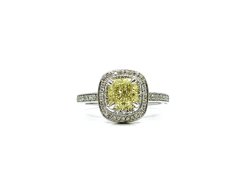 14K White Gold 1.33cttw Fancy Yellow and White Diamond Halo Engagement Ring, size 6
