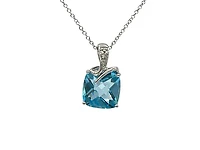 10K White Gold Blue Topaz and Diamond Pendant, 18"