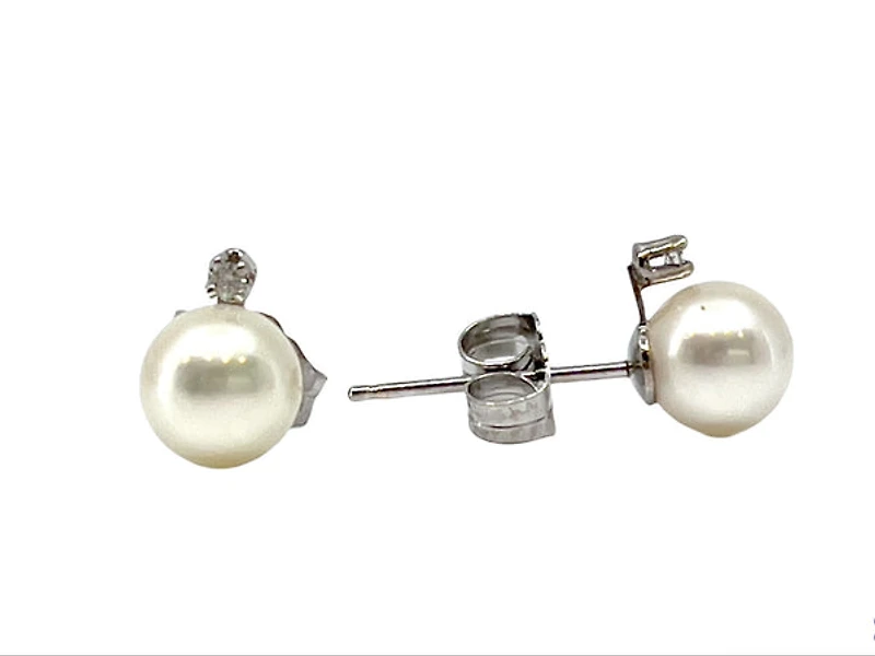 14K White Gold 5.5-6mm Cultured Pearl and 0.02cttw Diamond Earrings with Butterfly Backs