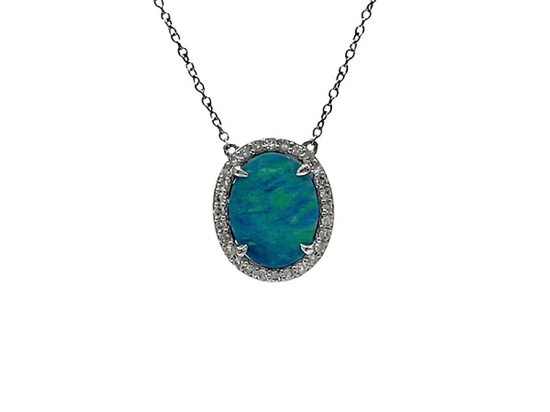 10K White Gold Custom Made Australian Opal Doublet and Diamond Pendant, 18"