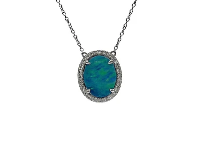 10K White Gold Custom Made Australian Opal Doublet and Diamond Pendant, 18"